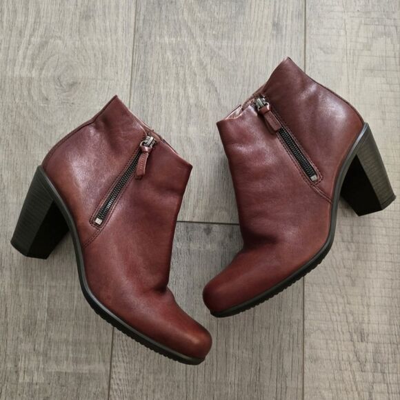 ECCO Touch 75 Ankle Womens Leather Boots Booties in Brown Burgundy - Picture 1 of 12